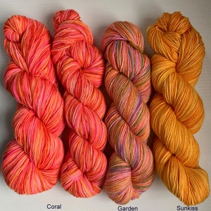 May include: Three skeins of yarn in different colors: coral, garden, and sunkiss. The yarn is a variegated blend of pink, orange, and yellow.