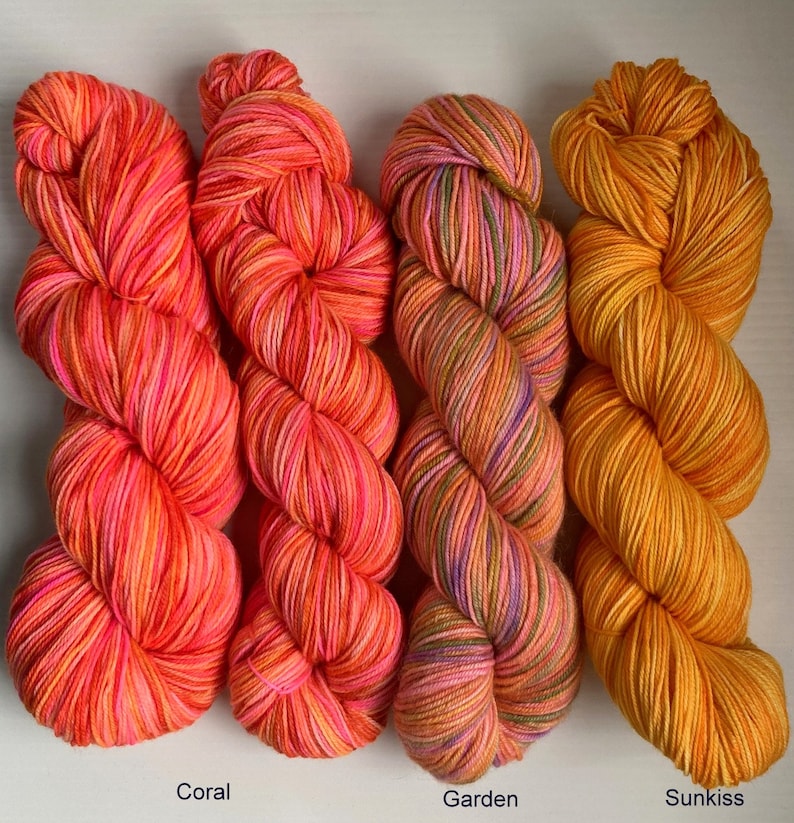 May include: Three skeins of yarn in different colors: coral, garden, and sunkiss. The yarn is a variegated blend of pink, orange, and yellow.