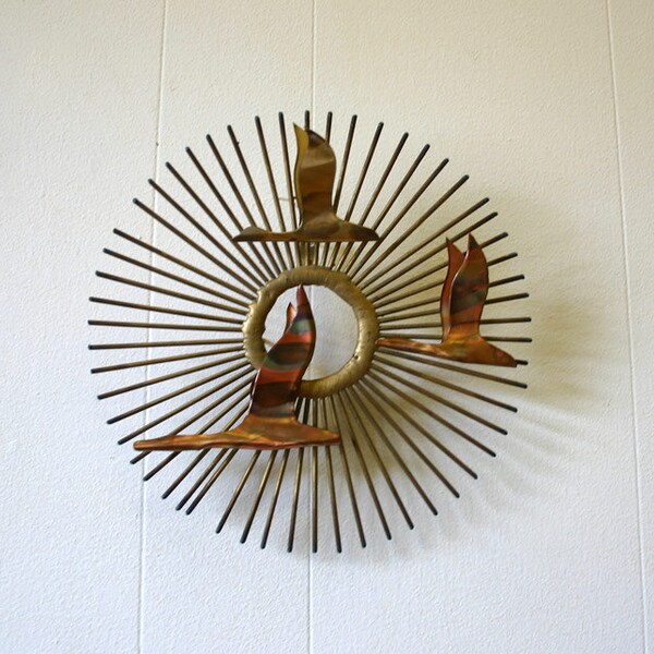 Mid Century Modern Jere Style Brass Seagull Starburst Metal Wall Art Sculpture