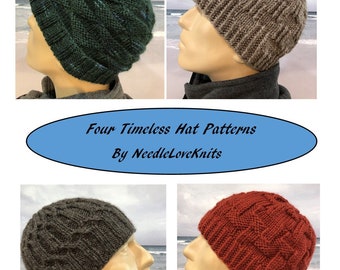 Instant Download Men's Knit Hat Set of Knitting Patterns for 4 Men's Winter Hats