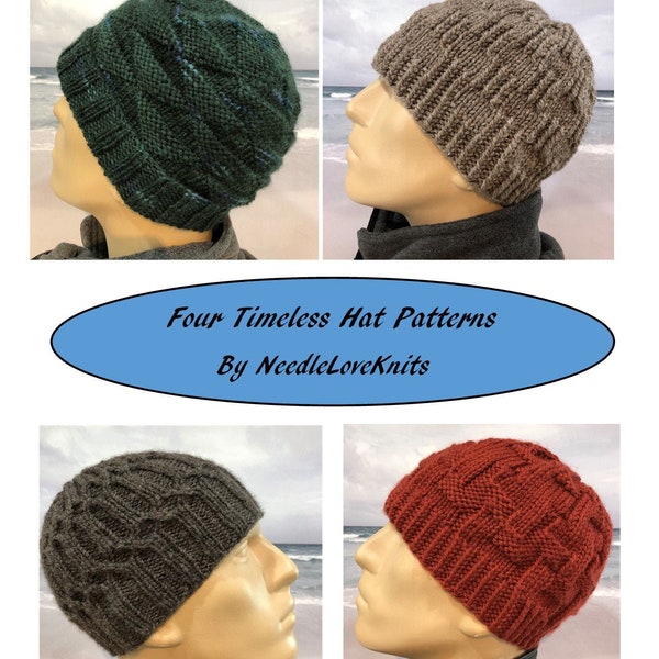 Instant Download Men's Knit Hat Set of Knitting Patterns for 4 Men's Winter Hats