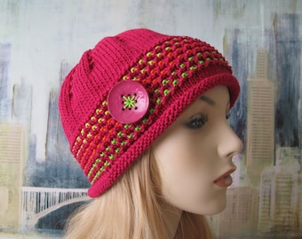 Instant Download Knit Hat Chemo Hat Knitting pattern ' Maryjane''  for chemo hat with button trim.