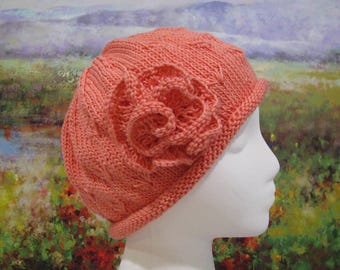 Instant Download Knit Hat, Chemo Hat Knitting pattern ' Mary'  for chemo hat with knitted flower trim.