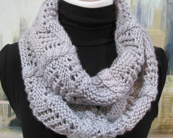 Hand Knitted Circular Scarf 100% Wool/Acrylic Yarn, winter scarf, hand knit accessories, gray women's scarf