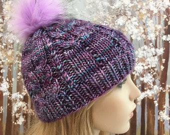 Handknit Merino Wool Beanie: White & Lavender Snowflake Hat with Faux Fur Pom Handknit Merino Wool Beanie: White & Lavender Snowflake Hat  main image 4