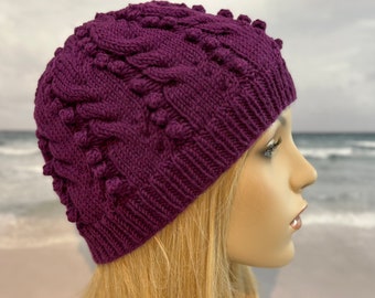 Instant Download Knit Hat Snowberry Swirl, women's knit hat pattern, cabled hat pattern, bobbled hat pattern, winter hat, beanie hat pattern