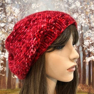 Hand Knit Hat Slouch Hat &quot;Sadie&quot;, Women Knitted hat, Chunky yarn, Red White Multicolored Yarn, Oversized