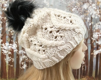 Women's Knitted Hat 'Misty', slouch style knitted winter hat with pom pom trim.