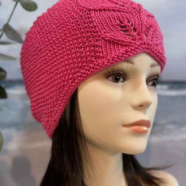 Instant Download Knit Hat with Leaf Pattern, Chemo Hat Knitting pattern 'Bethany' for chemo hat, summer hat.