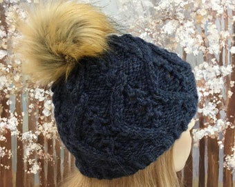 Women's Knitted Hat 'Misty-III', slouch style knitted winter hat, navy hat with pom pom trim.