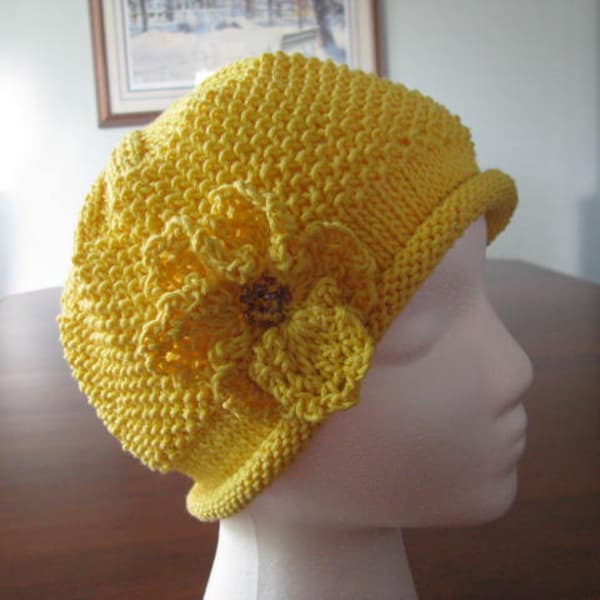 Instant Download Knit Hat Chemo Hat Knitting pattern ' Amelia'  for chemo hat with crocheted flower trim.