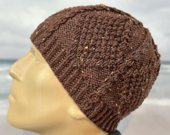 Men's Hand-Knit Wool Tweed Winter Hat: Cable Knit Beanie