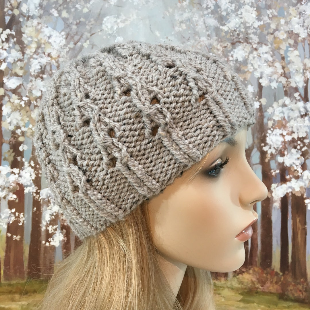 Hand-knitted Beanie: Oatmeal Acrylic Wool Blend Winter Hat  display picture 1