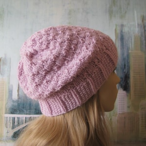Knitting pattern for Women&#39;s Knitted Hat, Winter Hat, Slouchy Beanie, Pink Hat, &#39;Lorelei&#39;, Wool Hat, Hand Knit Hat, Chemo Hat
