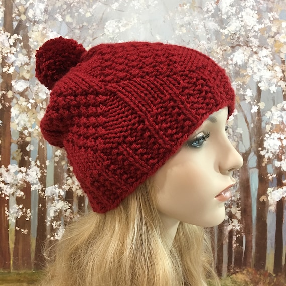 Red Chunky Knit Slouch Hat: Wool Blend Winter Beanie