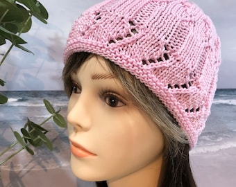 Chemo Hat Knitting pattern 'Tranquility' instant download, easy knitting pattern for chemo hat.