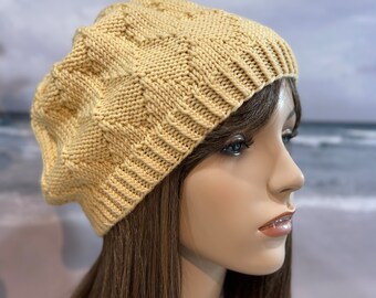 Hand Knit Hat Women's Hat 'Elyse', Winter Hat, Slouch Style Hat, wool hat, yellow hat