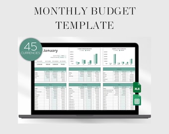May include: A laptop screen displaying a monthly budget template with the title "Monthly Budget Template". The template is for January and includes a variety of charts and tables. The template is designed to help users track their income and expenses. The template is available in 45 currencies. The file format is XLS.