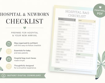 Könnte beinhalten: Ein digitales Krankenhaus- und Neugeborenen-Checklisten-Dokument mit dem Text HOSPITAL & NEWBORN CHECKLIST und einem druckbaren PDF-Abzeichen. Das Formular enthält Spalten für Mumma, Baby und Other, mit Kontrollkästchen und einem Notfallkontaktfeld.