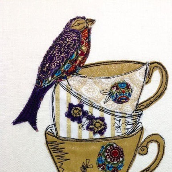 Raw Edge applique Embroidery Machine Design pattern Digital File  'Bird Tea Time'