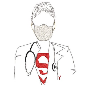 Könnte beinhalten: Linienzeichnung eines Arztes, der einen weißen Kittel, ein Stethoskop und eine Gesichtsmaske trägt. Der Arzt hat ein Superman-Logo auf der Brust.