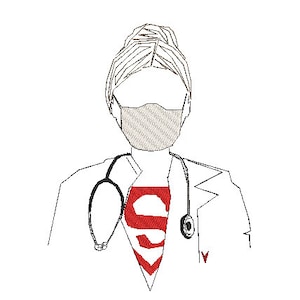 Könnte beinhalten: Strichzeichnung einer medizinischen Fachkraft mit Gesichtsmaske, Stethoskop und rotem "S"-Emblem auf der Brust. Das Bild ist eine Hommage an medizinische Fachkräfte.