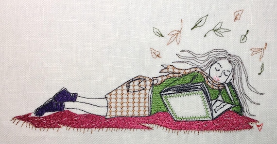 Reading book pillow Embroidery Designs, Christmas Embroidery,  Holiday Embroidery, "Reading a book Girl on a Rug"