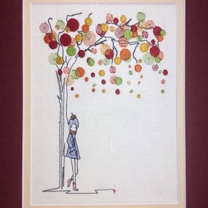 Embroidery Girl Standing Autumn Tree  Designs,  Christmas Embroidery, Christmas Frame, Holiday Embroidery, Holiday Applique 5x7