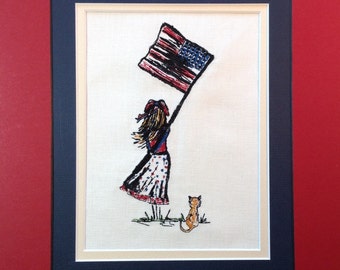Instant download Embroidery Digital File &quot;Girl and USA Flag&quot;