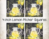 4 inch Lemon Pitcher Squares, Wreath Accent Lemon Sign, Tiered Tray Lemon Decor, Chalkboard Lemon Coaster Transfer, Digital Print 1853
