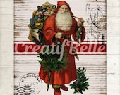 Vintage Rustic Santa on Wood Instant Digital Download Printable Christmas Holiday Graphic Art Transfer Image 0550