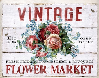Vintage bloemenmarkt teken Shiplap bloemsierkunst overdracht herfstbloemen moderne boerderij decor oude rozen teken digitale print 2125