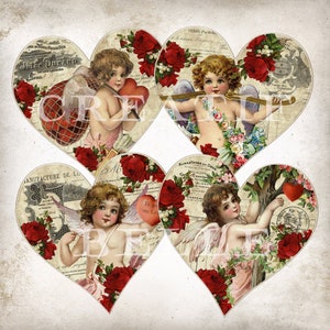 6 inch Victorian Valentine's Hearts Vintage Cherubs Romantic Valentine's Ornament Making Transfer Digital Print 2157