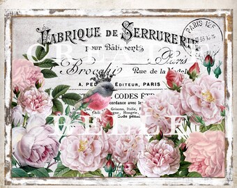 French Shabby Roses Sign Shabby Chic Wreath Decor Transfer Shabby Chic Tiered Tray Floral Sign Digital Print 2067