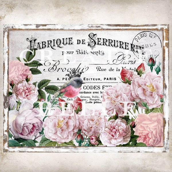 Français signe de roses minables shabby chic couronne décoration transfert shabby chic plateau à plusieurs niveaux signe floral impression numérique 2067