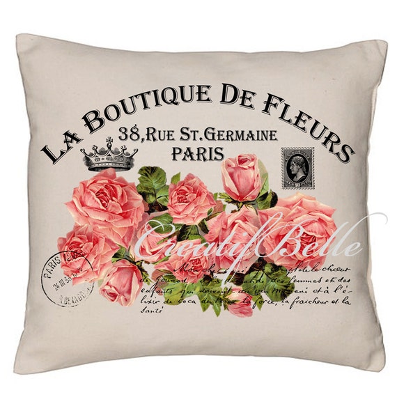 Vintage French La Boutique De Fleurs Pink Roses Large Instant Digital Download Printable Shabby Floral Graphic Transfer Image