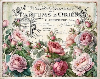 Rustic French Vintage Victorian Roses Perfume Label DIY Wall Sign French Farmhouse Floral Home Decor Pillow Transfer Digital Print 2808