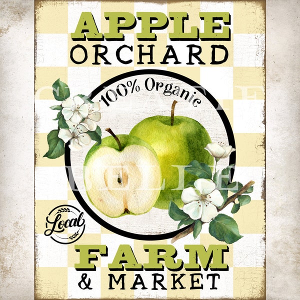 Vintage Farm Style Apple Orchard Green Apples Farmhouse Kitchen Fruit Sign Wreath Sign Making Tiered Tray Decor Digital Print 2301