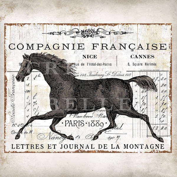 Rustic French Vintage Style Horse Ephemera Fabric Transfer French Farmhouse DIY Horse Stable Sign Equestrian Digital Print 0980