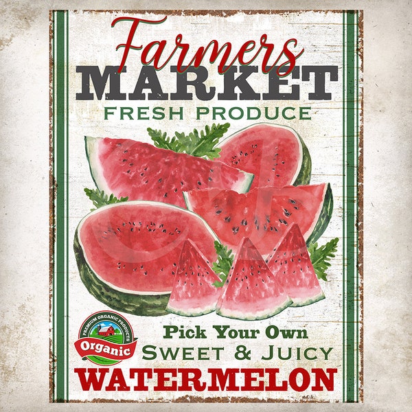 Rustic Farmers Market Watermelon Farmhouse Kitchen DIY Wall Art Wreath Accent Farm Style Fruit Sign Digital Print 2777