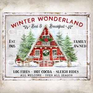 Winter Wonderland Kersthut Bed & Breakfast Boerderij Kerst Home Decor DIY Wandbord Maken Lade Decor Digitale Print 2469