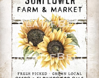Sunflower Farm & Market Rustic Shiplap Wood Sign Farmhouse Sunflower Wall Art Sign Country Farm Style Flower Sign Making Digital Print 2257