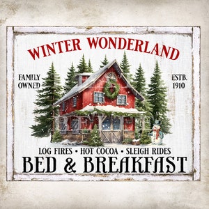 Vintage Winter Wonderland Bed & Breakfast boerderij kerst Home Decor DIY bord kerst schuur blokhut krans accent digitale print 2858