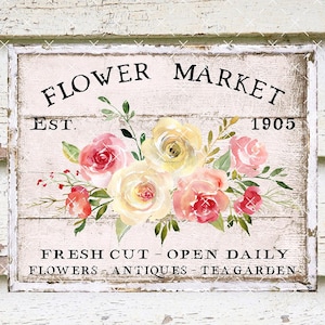 Shabby Chic Flower Market, Soft Yellow & Pink Rose Bouquet, Floral Wreath Accent, DIY Sign, Tiered Tray Decor Digital Print 2076