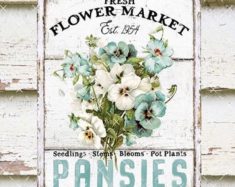 Flower Market Vintage Antique Pansies Farmhouse Wall Decor DIY Sign Tier Tray Decor Transfer Spring Flowers Wreath Accent Digital Print 2761