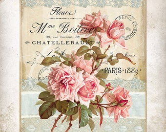 May include: A vintage floral illustration featuring a bouquet of pink roses with green leaves and stems. The image includes text that reads "Fleur Mme Boilere 38, rue Bourbon, 38 CHATELLERAULT PARIS 1889".