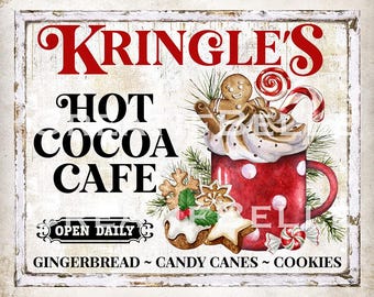 Kringle's ホットココアカフェ ファームハウス クリスマス ホームデコレーション DIY サイン ホットココア バーサイン ホリデーリース アクセント ティアトレイデコレーション デジタルプリント 3018