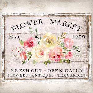 Shabby Chic Flower Market Sign Soft Yellow & Pink Roses Floral Wreath Decor Transfer Sign Tiered Tray Decor Digital Print 2076