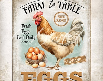 Vintage Farm to Table Chicken Eggs Rustic Country Farmhouse Kitchen DIY Wall Art Farm Style Wreath Accent Tier Tray Decor DIGITAL Print 2931