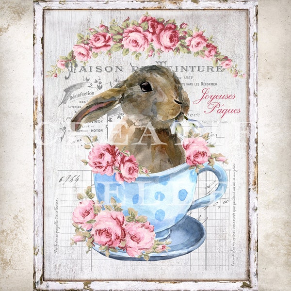 Digital Shabby Chic Sweet Bunny in a Cup Easter Rabbit with Shabby Chic Pink Roses Easter Card Making Shabby Chic Decor Digital Print 2189